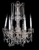 A cut glass hung and silver plated metal six light chandelier in George III style,   early 20th