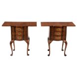 A pair of burr walnut bedside tables,   first half 20th century, each with a shaped drop leaf top