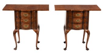 A pair of burr walnut bedside tables,   first half 20th century, each with a shaped drop leaf top