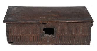 An oak bible box, second half 16th century, with lift top with original hinge above decorative