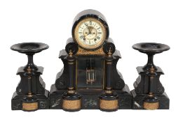 A black slate and green marble mantel clock garniture, Ansonia,   early 20th century, the gong
