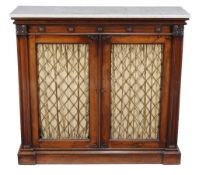 A George IV rosewood chiffonier  , circa 1825, the variagated white marble top above moulded