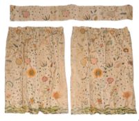 A pair of crewel work linen curtains and a pelmet in late 17th century style,    circa 1920,