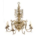 A brass eight light chandelier in Dutch early 18th century style,   early 20th century, with