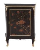 A French black lacquer and brass mounted side cabinet  , circa 1870, the shaped top with applied
