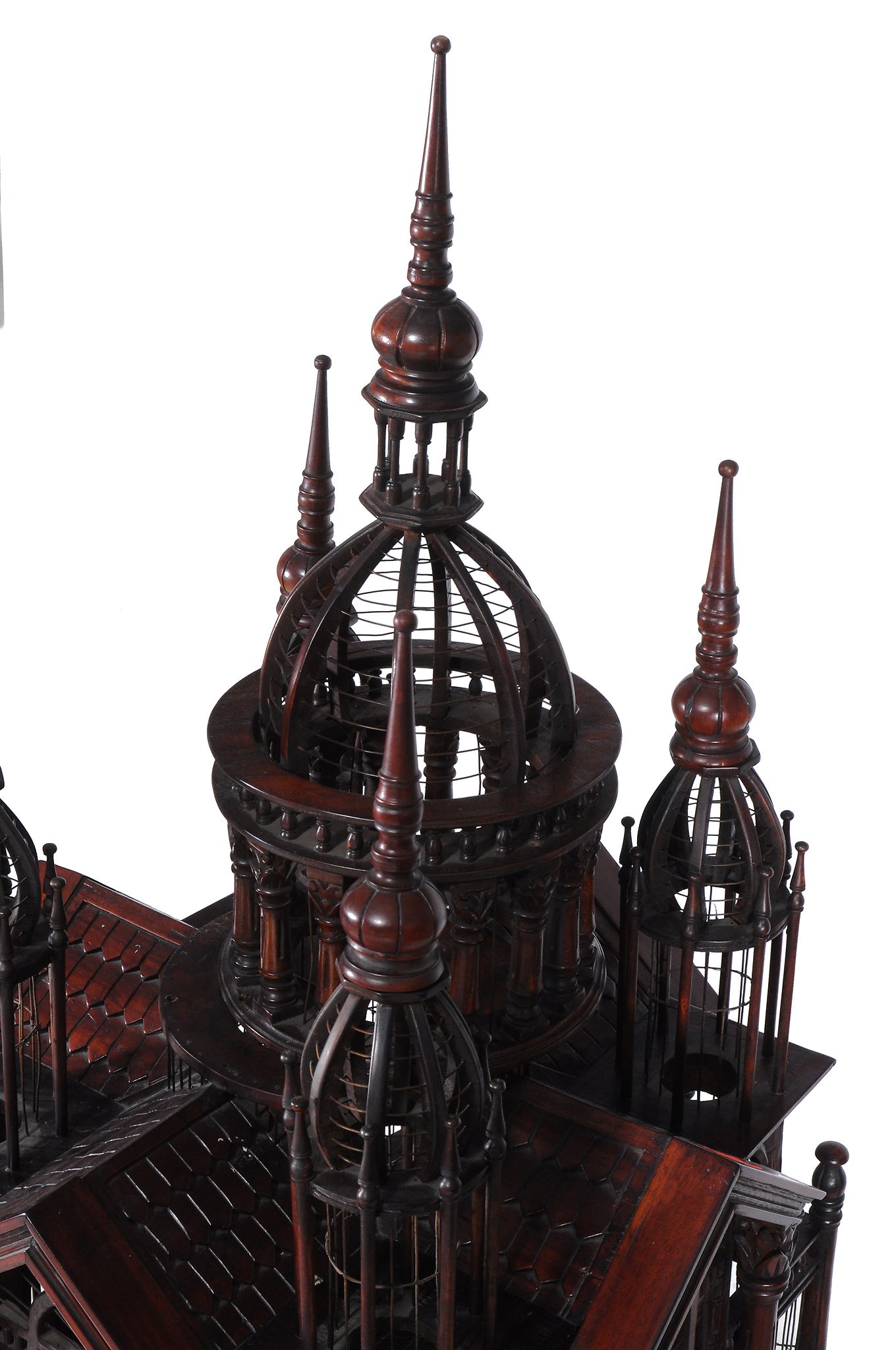 A mahogany birdcage,   20th century, of architectural form, the stand incorporating turned tapered - Image 2 of 3