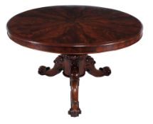A Victorian mahogany circular centre table  , circa 1860, the top with figured mahogany radiating