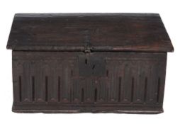 An oak bible box  , 16th centrury, the lift top with moulded front edge above decorative arcaded