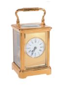 A French gilt brass carriage clock,   circa 1900, the eight-day gong striking movement with