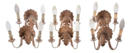 A set of six Italian carved wood twin light wall appliques,   mid 20th century, the elctrical