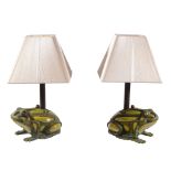 A pair of painted cast iron and reverse painted glass table lamps modelled as frogs,   20th