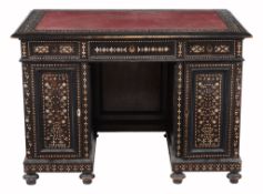 An Italian hardwood and certosina inlaid desk, late 19th century and later, the rectangular top with