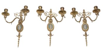 A set of six gilt brass and jasper dip porcelain inset twin light wall appliques,   circa 1900,