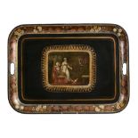 A George III tole peinte tray,   circa 1800, painted with a rustic cottage scene with an old woman