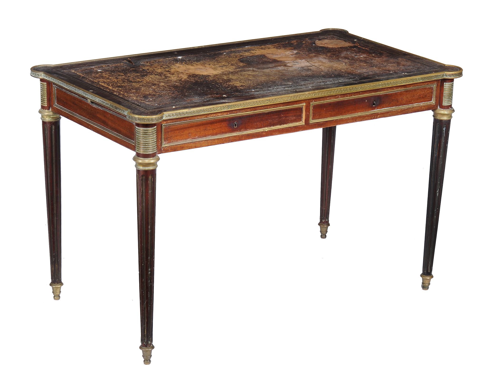 A French mahogany and brass mounted writing table  , second quarter 19th century, the leather inset