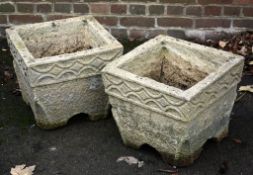 A pair of carved Cotswold stone garden planters,   late 19th / early 20th century, of square