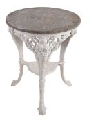 A late Victorian 'Britiannia' pattern cast iron pub table  , with circular marble top 72cm high,