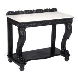 A Dutch Colonial ebonised mahogany console table  , mid 19th century, the white marble top over