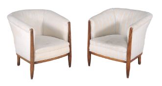 A pair of Art Deco tub chairs,   circa 1930, probably French, the stained beech frames with