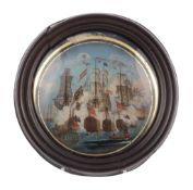 A painted alabaster tondo picture of a naval engagement,   possibly the Battle of Trafalgar, early