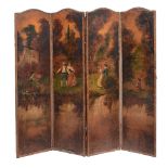 A painted four fold room screen  , late 19th century, each panel painted with a couple in a