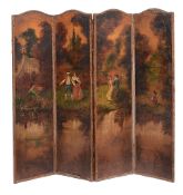 A painted four fold room screen  , late 19th century, each panel painted with a couple in a