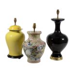 Three ceramic vases fitted as table lamps, in Chinese 18th century style,    modern, the largest