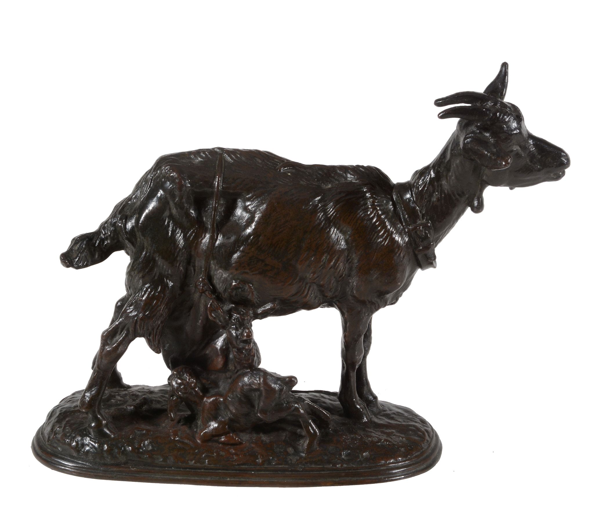 Emmanuel Frémiet (French, 1824 - 1910), a patinated bronze group of a nanny goat and two kids,