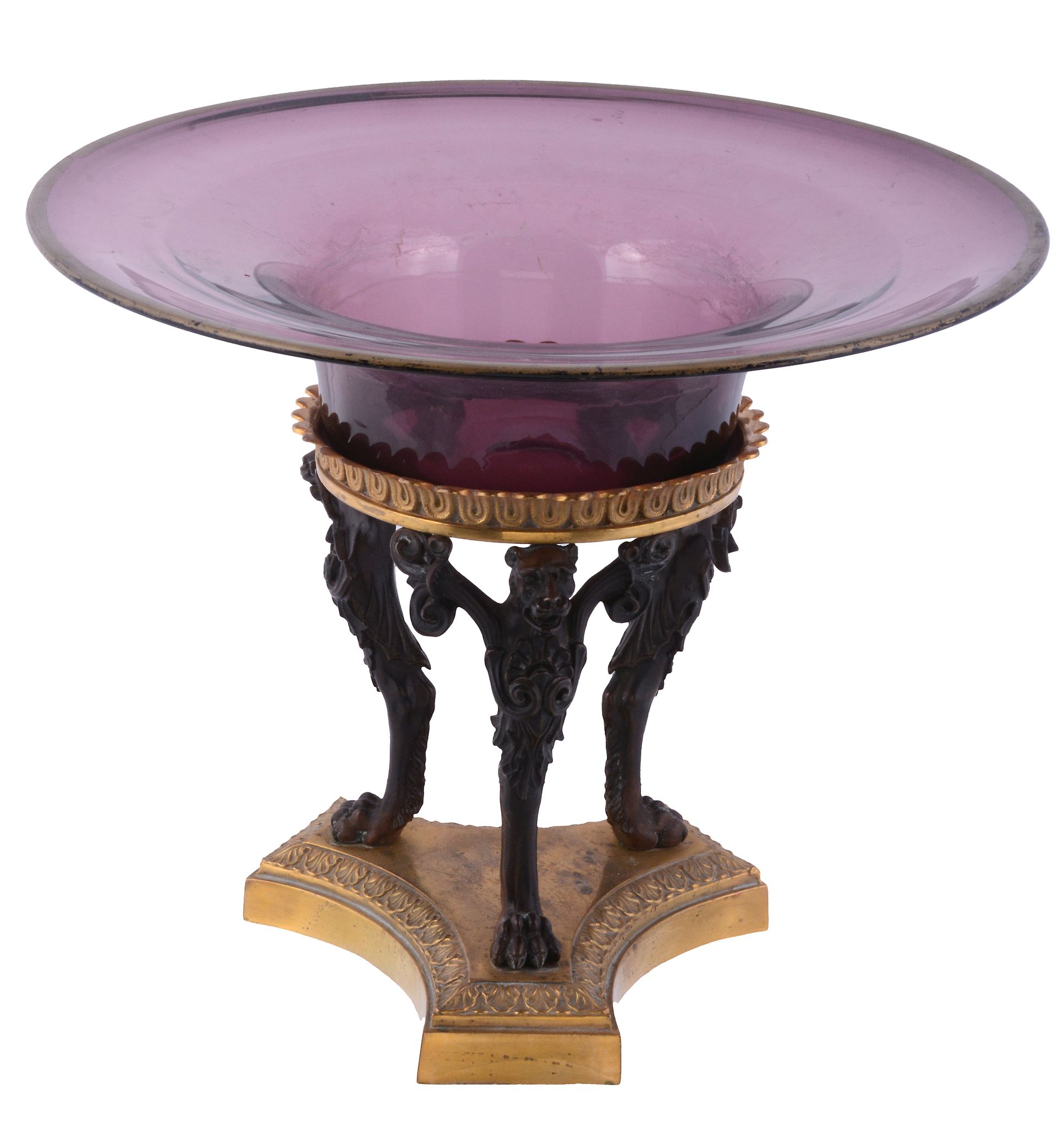 An amethyst glass mounted gilt and patinated metal tazza,   the base mid 19th century, the dish