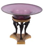 An amethyst glass mounted gilt and patinated metal tazza,   the base mid 19th century, the dish