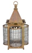 A brass and leaded glass ceiling lantern,   circa 1900, the hanging ring above a pyramid top with