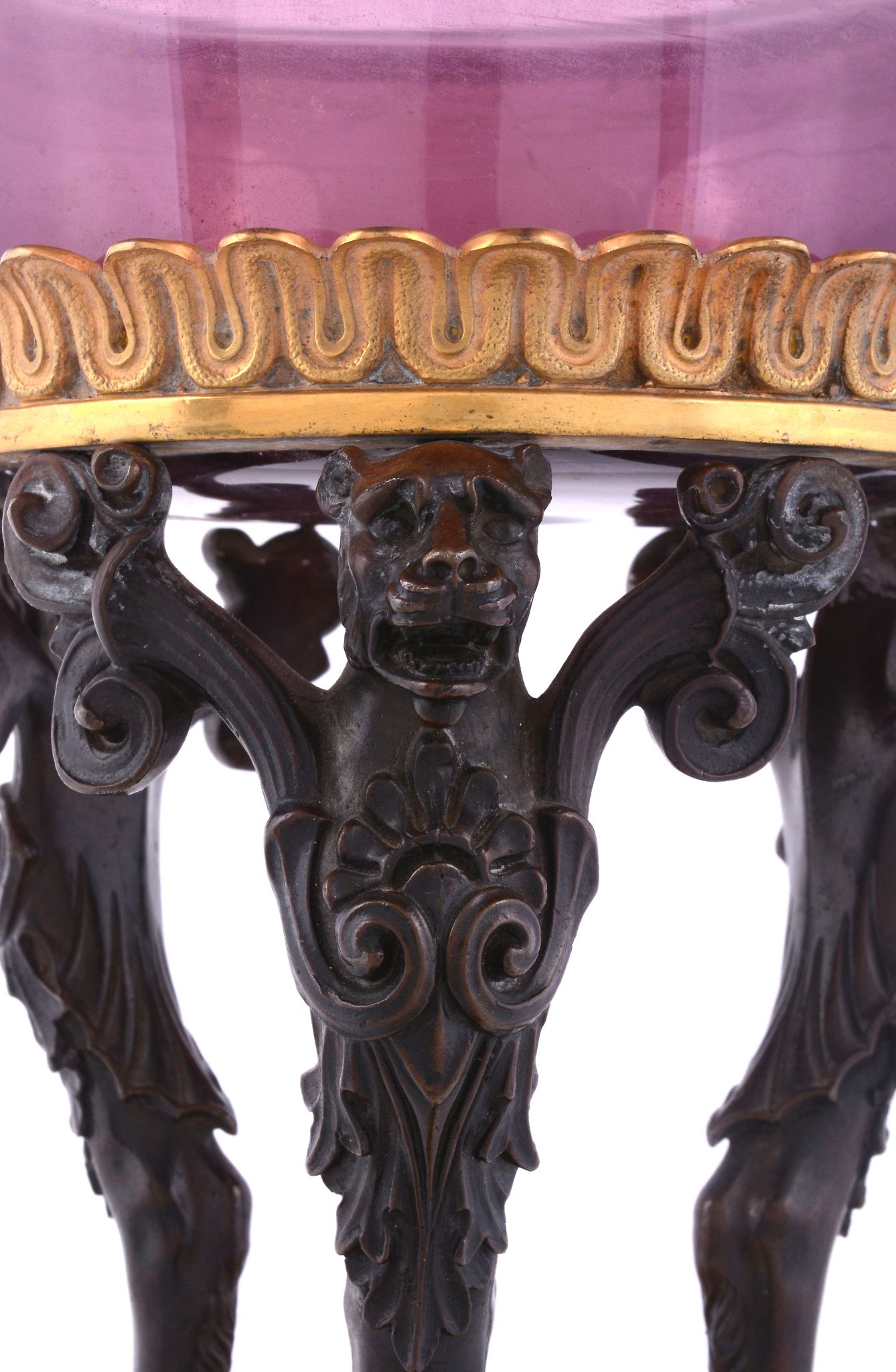 An amethyst glass mounted gilt and patinated metal tazza,   the base mid 19th century, the dish - Image 2 of 2