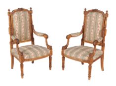 A pair of carved beech framed armchairs in 18th century Continental style  , second half 19th