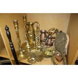 A copper warming pan with turned wooden handle   and a collection of metalware to include a pair of