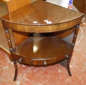 A Georgian style mahogany corner drop leaf table   on turned supports with undershelf and drawer