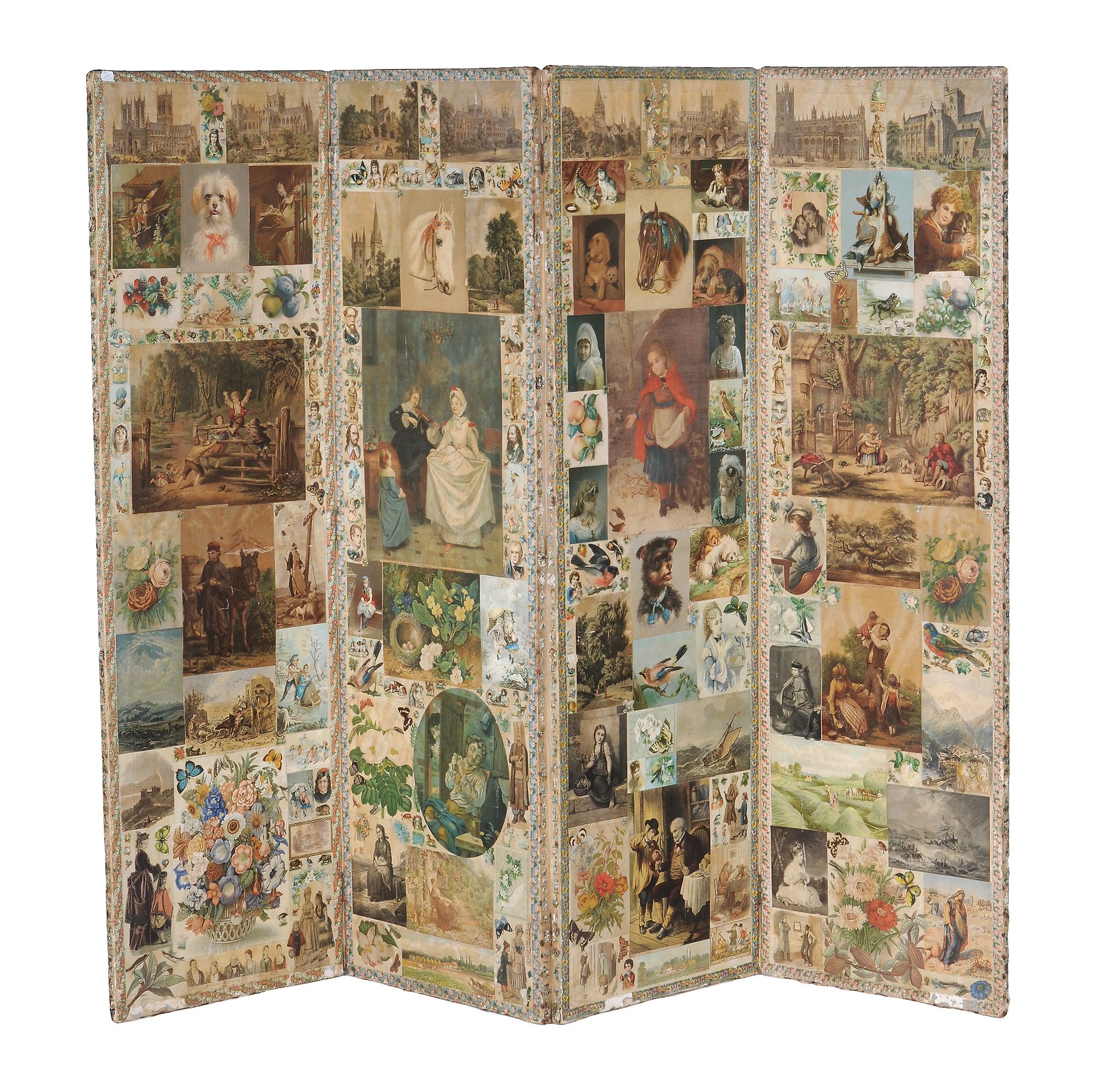 A Victorian decoupage screen,   the four panels with collage of Victorian scenes, animals and