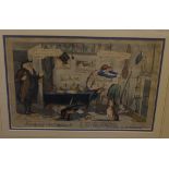 A 19th Century caricature coloured engraving 'studying the classics',   24cm x 34.5cm