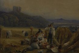 George Sidney Shepherd (1784-1862) 'Harvesters picnicking below Okehampton Castle' Watercolour