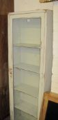 A painted display cabinet enclosing shelves