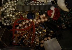 A collection of costume jewellery,   to include three silver coloured fobs, various bead necklaces,