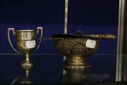 A Victorian silver quaiche made in Edinburgh  , a silver trophy, a scallop dish, a salt spoon,