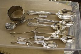 A quantity of assorted silver spoons,   a silver napkin ring etc
