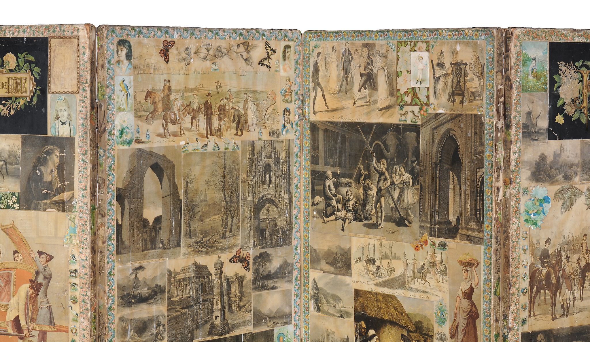 A Victorian decoupage screen,   the four panels with collage of Victorian scenes, animals and - Image 4 of 4