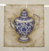 A large watercolour of a blue and white Chinese teapot,   indistinctly signed in pencil, 58.5cm x