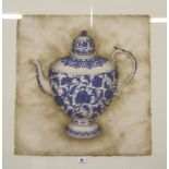 A large watercolour of a blue and white Chinese teapot,   indistinctly signed in pencil, 58.5cm x