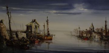 Jorge Aguilar-Agon (Spanish, 1936- )  Harbour scene Oil on canvas Signed lower right 49cm x 100cm;