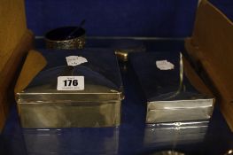 Two silver mounted wood lined cigar boxes  , an oval silver snuff box and a silver glass lined salt