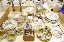 A collection of electroplated items,   to include: dishes, a chamber stick, a set of eight plates,