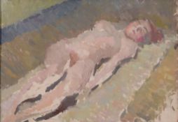 English School (20th Century) Reclining female nude Oil on board 38cm x 54cm.(15 x 21 1/4 in)