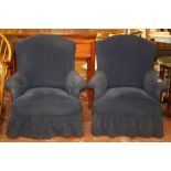 A pair of 19th Century armchairs   with blue cloth upholstery